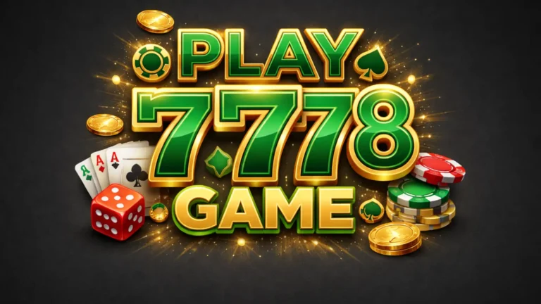 PLAY7778 App written in green and gold 3D text on a dark background, surrounded by casino elements like poker chips, gold coins, dice, and playing cards.