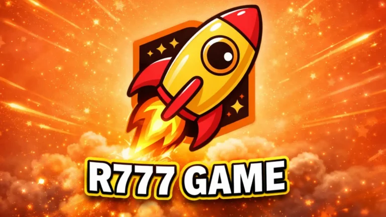 R777 Game logo featuring a cartoon rocket launching with fire effects on a glowing orange background.