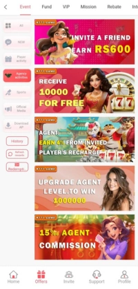 R777 Game offers page showing invite bonus, recharge rewards, agent commission, and promotional banners.