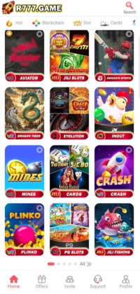 R777 Game game selection screen featuring Aviator, Dragon Tiger, Mines, Crash, Plinko, and slot games.
