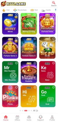R777 Game dashboard showing slot games, roulette, Plinko, Hi Lo, and multiple casino-style gaming options.