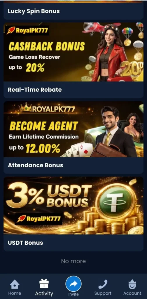 Royal PK777 Game bonus section showing cashback bonus, agent commission, and USDT reward offers.