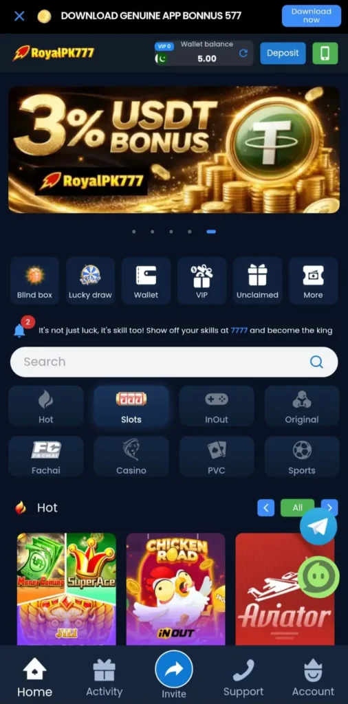 Royal PK777 Game USDT bonus promotion showing 3 percent reward offer inside the app.