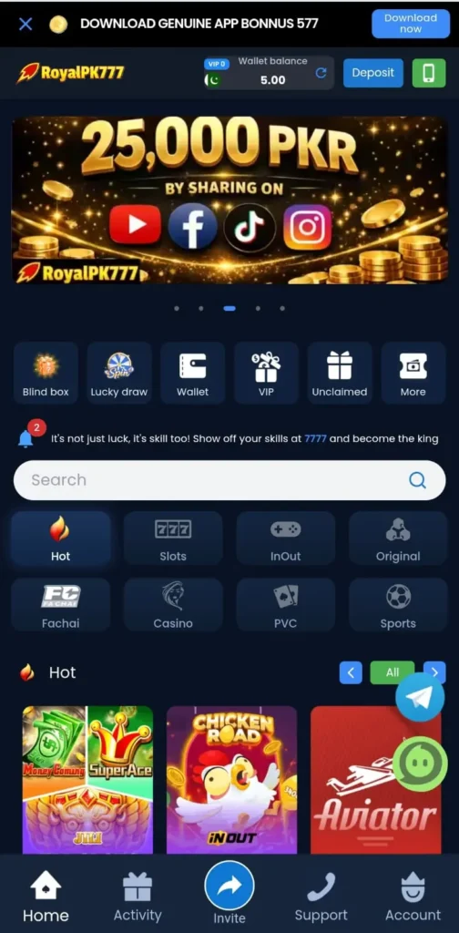 Royal PK777 Game app dashboard showing slots games, wallet balance, and Aviator game option.