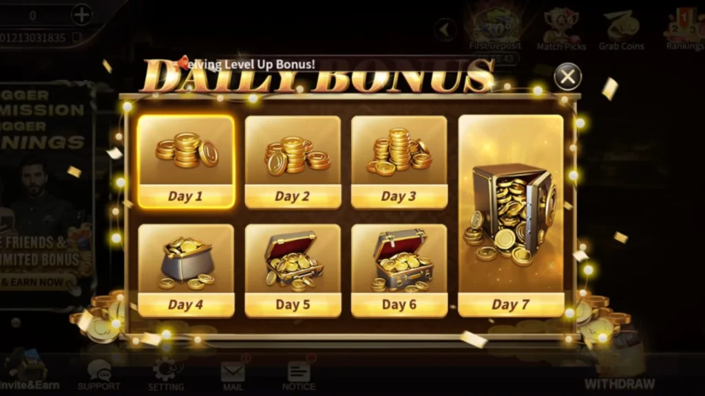 Royal X 777 Game daily bonus reward screen showing 7-day login rewards with gold coins, treasure boxes, and bonus vault icons.
