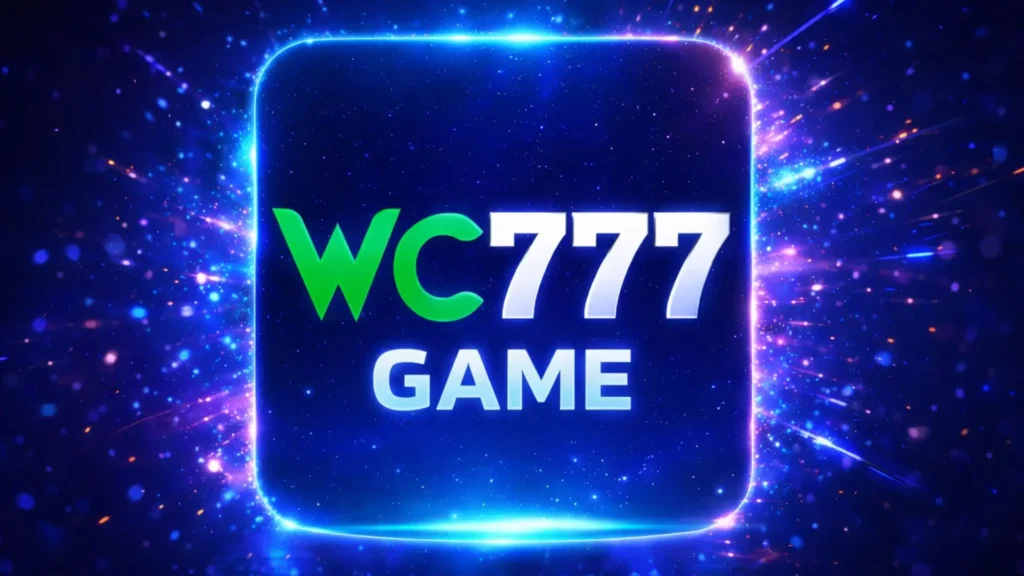 WC777 Game glowing logo with blue neon background and special effects casino gaming platform banner