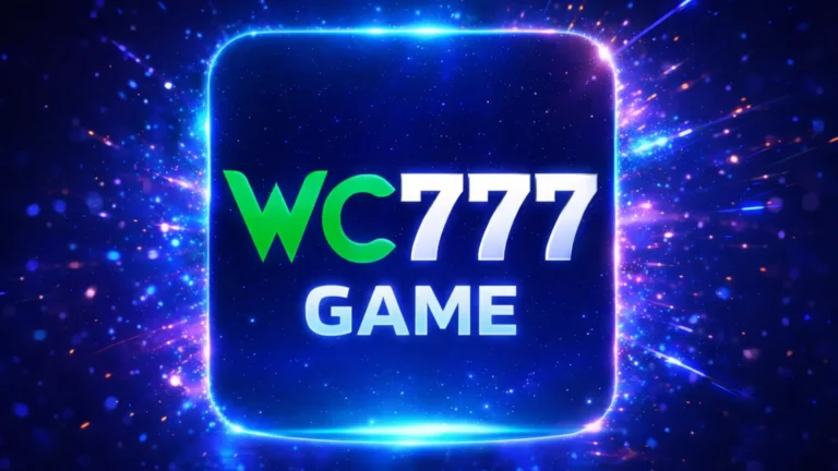 WC777 Game glowing logo with blue neon background and special effects casino gaming platform banner