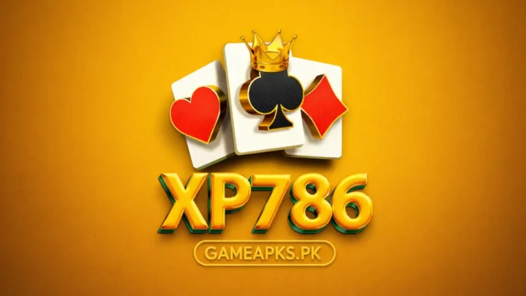 XP786 Game logo with playing cards and crown icon on a dark yellow background with Gameapks.pk text.