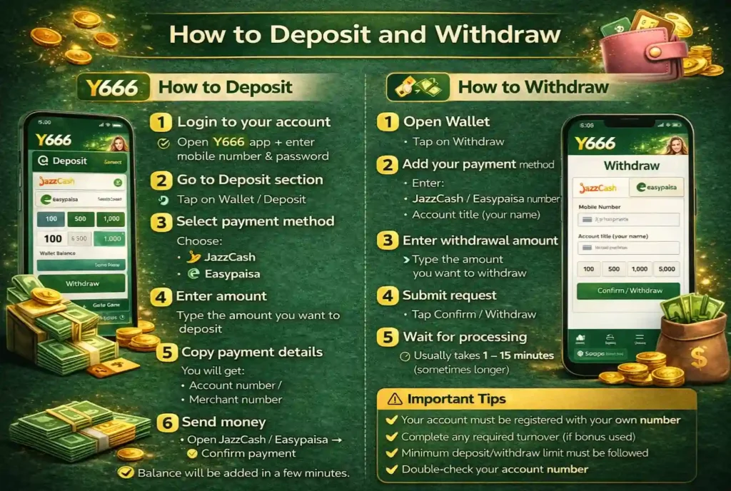 Y666 Game deposit and withdraw method guide using JazzCash and Easypaisa with step by step instructions on green background.