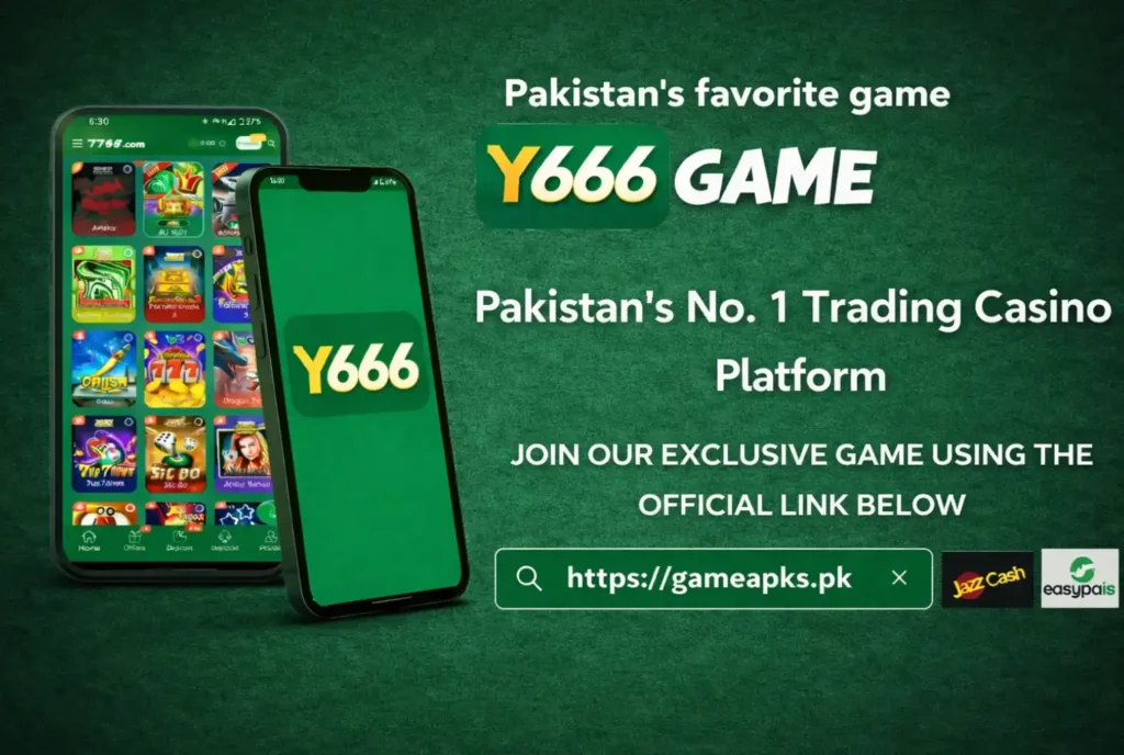 Y666 Game Pakistan casino app promotion showing mobile screens, official download link and JazzCash EasyPaisa payment options on green background.