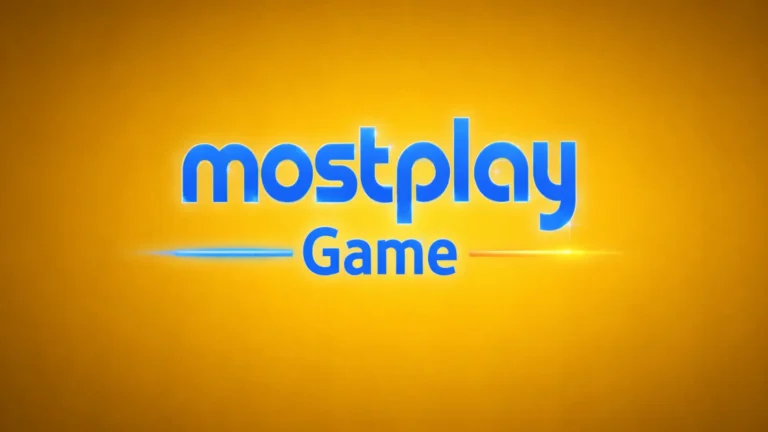 Mostplay Game logo with blue text on dark yellow gradient background