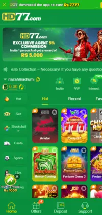 HD77 Game mobile app interface showing home screen with games, bonus banner, and navigation options.