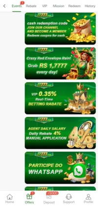 JZ777 app promotions screen showing rebate offers, cash rewards, and earning opportunities