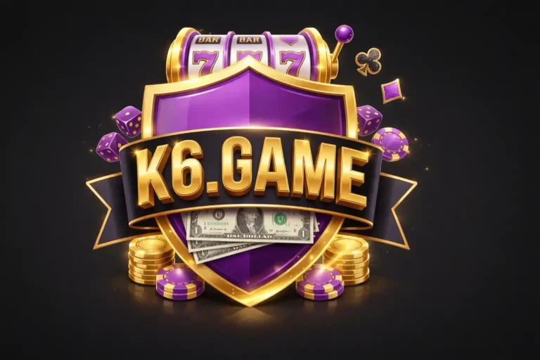 K6 GAME purple and gold casino-style logo with slot machine, coins, dice, and dollar bills on a dark background.