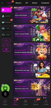 K6 Game mobile app interface showing promotions, daily rewards, betting events, agent income, and casino-style offers in a purple-themed layout.