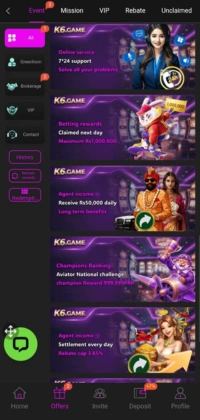 K6 Game mobile app interface showing promotions, daily rewards, betting events, agent income, and casino-style offers in a purple-themed layout.