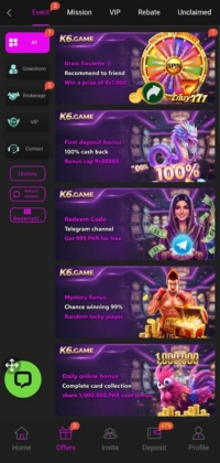 K6 Game mobile app interface showing promotions, daily rewards, betting events, agent income, and casino-style offers in a purple-themed layout.