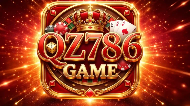 QZ786 GAME logo with golden crown, poker chips, dice, and playing cards on a red glowing background with luxury casino theme