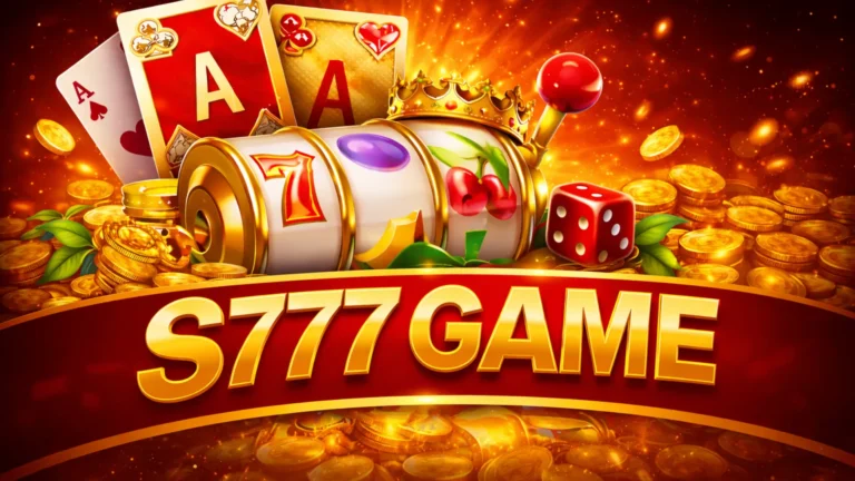 A vibrant, gold-themed promotional banner for the S777 Game featuring a classic slot machine, red playing cards, dice, and piles of gold coins on a glowing background.