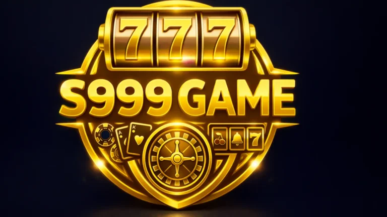 S999 Game golden casino logo with 777 slot machine, playing cards, roulette wheel, and luxury gaming icons on dark background