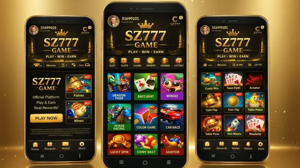Three smartphones displaying the SZ777 Game app interface with a luxury golden background, featuring slots, card games, and real money rewards.