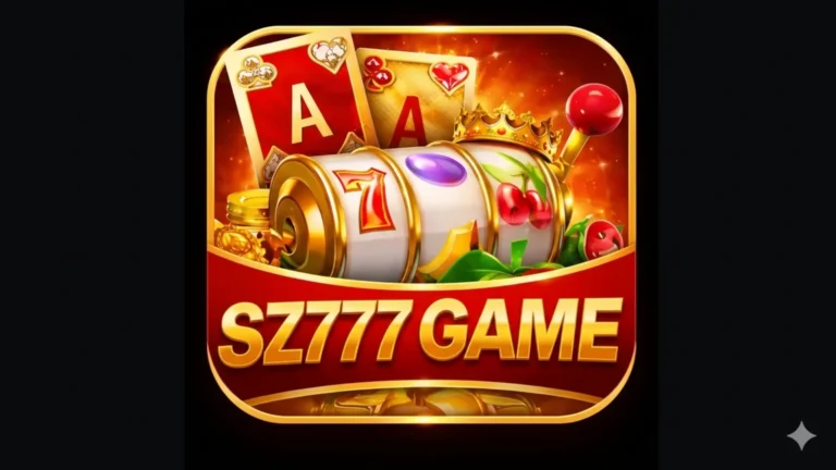 A vibrant, gold-themed promotional banner for the SZ777 Game featuring a classic slot machine, red playing cards, dice, and piles of gold coins on a glowing background.