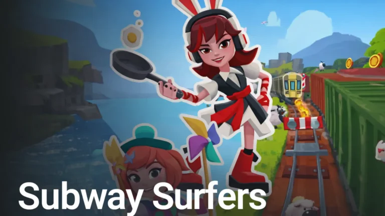 Subway Surfers scene with a red-haired bunny-ear girl on train tracks and coins in the background.