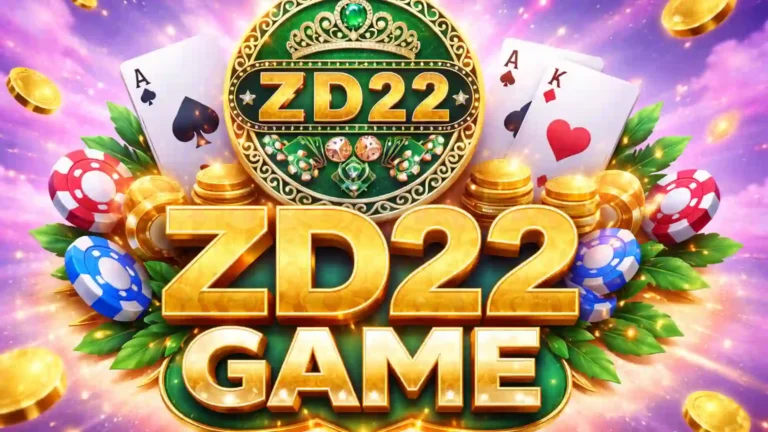 ZD22 Game luxury casino banner with golden logo, poker cards, casino chips, glowing coins, and premium visual effects on a colorful background