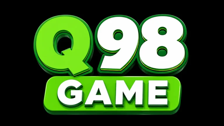 Q98 Game 3D logo with green and white text on a black background