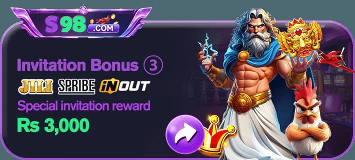 S98 Game Invitation Bonus bright 3D logo with purple and green gradients on dark background